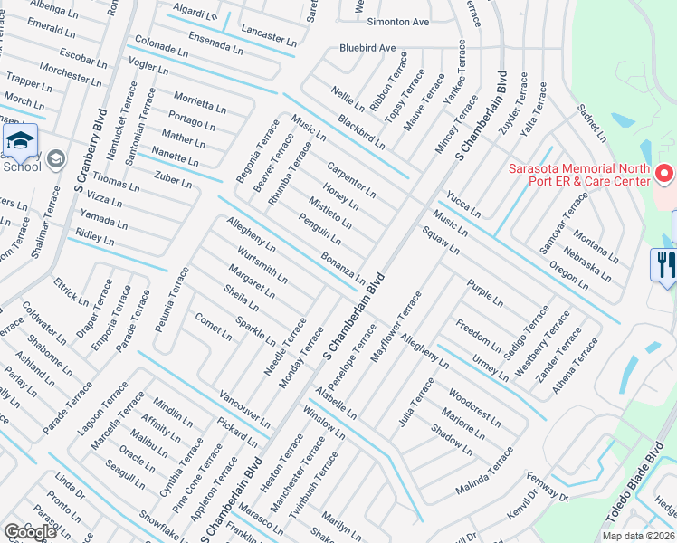 map of restaurants, bars, coffee shops, grocery stores, and more near 2165 Bonanza Lane in North Port