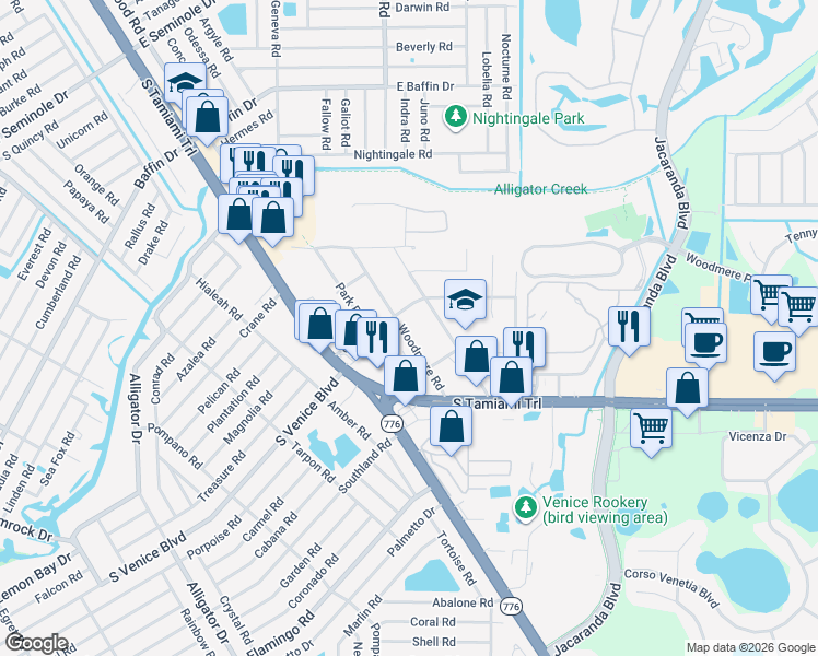 map of restaurants, bars, coffee shops, grocery stores, and more near 2247 Woodmere Road in Venice