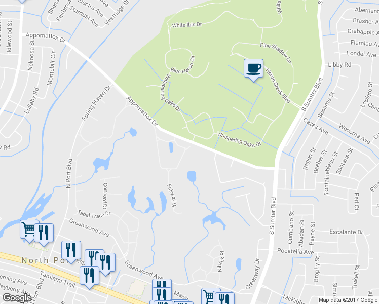 map of restaurants, bars, coffee shops, grocery stores, and more near 4186 Fairway Court in North Port