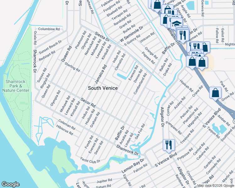 map of restaurants, bars, coffee shops, grocery stores, and more near 915 Fundy Road in Venice