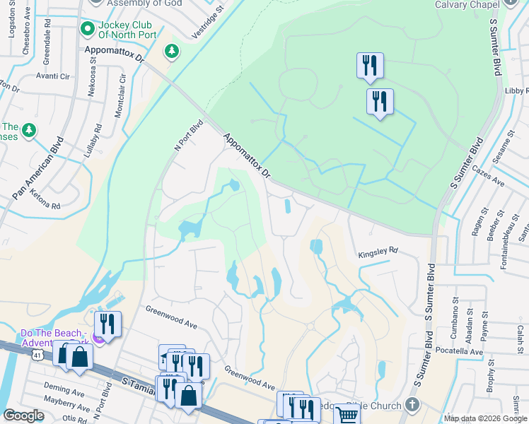 map of restaurants, bars, coffee shops, grocery stores, and more near 4097 Fairway Drive in North Port