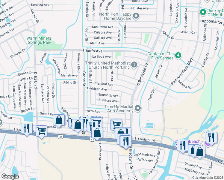 map of restaurants, bars, coffee shops, grocery stores, and more near 4951 Nele Street in North Port