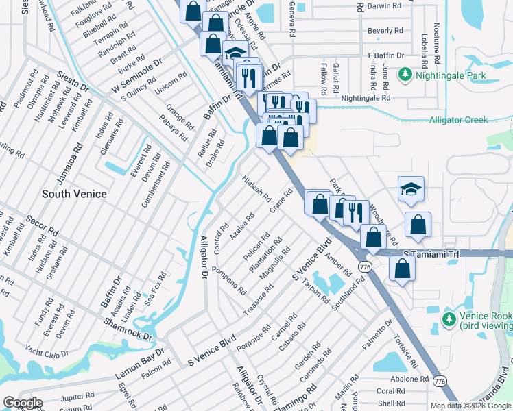 map of restaurants, bars, coffee shops, grocery stores, and more near 270 Azalea Road in Venice