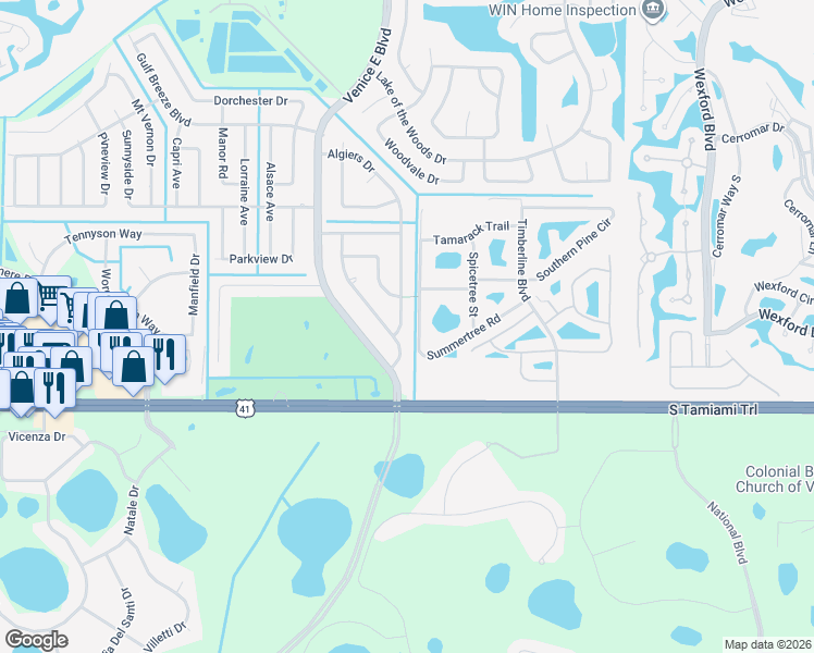 map of restaurants, bars, coffee shops, grocery stores, and more near 106 Algiers Drive in Venice
