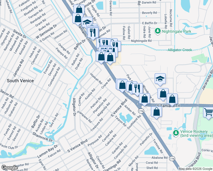 map of restaurants, bars, coffee shops, grocery stores, and more near 151 Crane Road in Venice