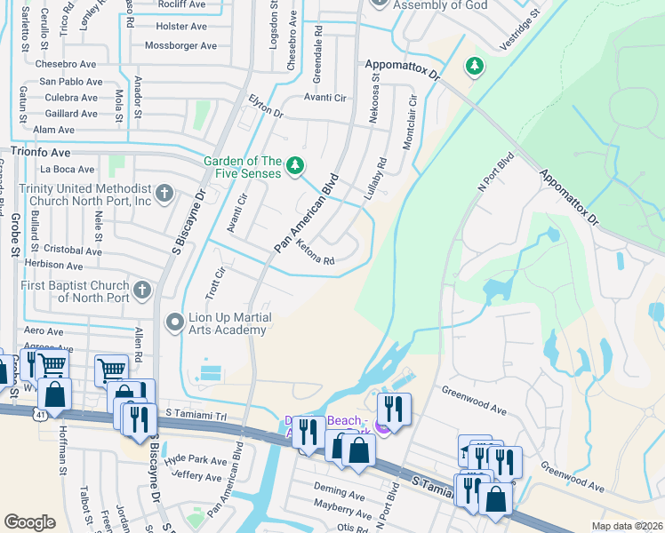 map of restaurants, bars, coffee shops, grocery stores, and more near 6827 Ketona Road in North Port