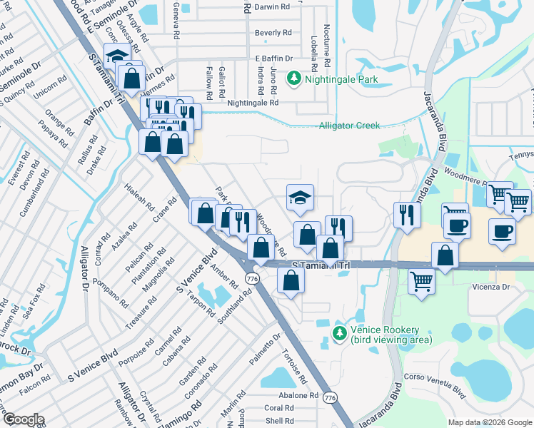 map of restaurants, bars, coffee shops, grocery stores, and more near 2247 Woodmere Road in Venice