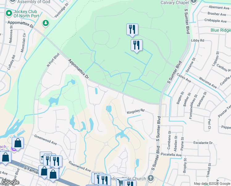 map of restaurants, bars, coffee shops, grocery stores, and more near 5435 Appomattox Drive in North Port