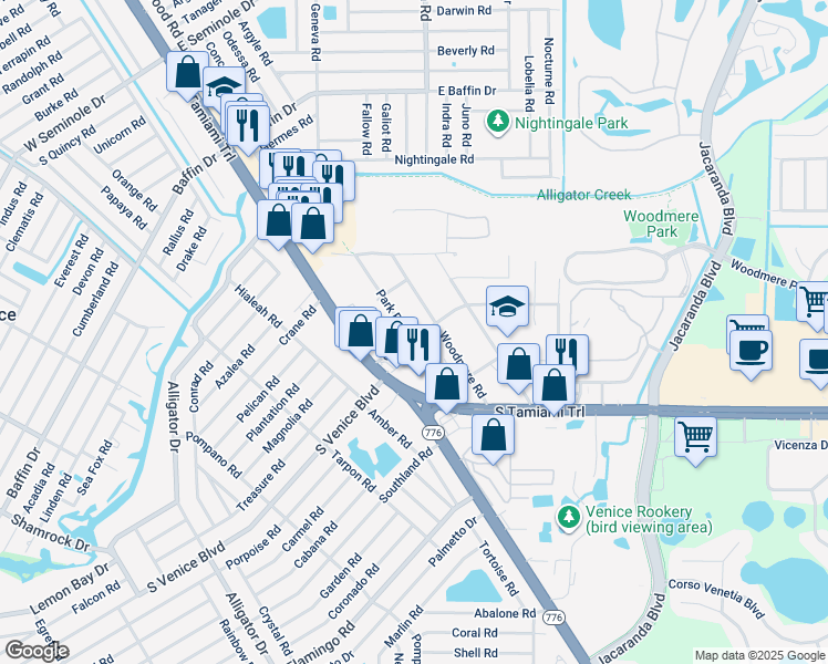 map of restaurants, bars, coffee shops, grocery stores, and more near 253 Grove Road in Venice