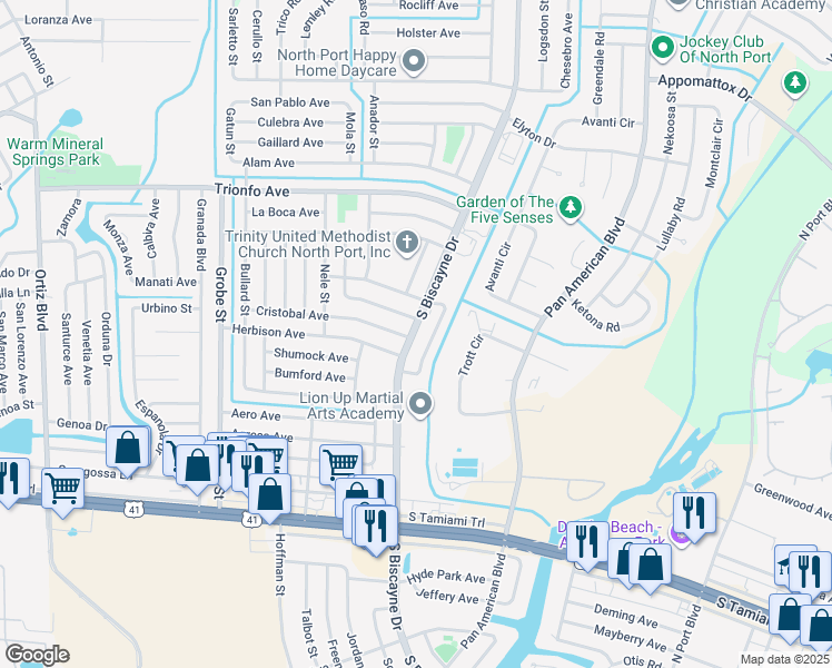 map of restaurants, bars, coffee shops, grocery stores, and more near 4520 South Biscayne Drive in North Port