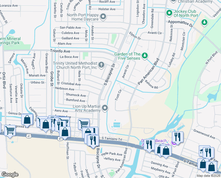map of restaurants, bars, coffee shops, grocery stores, and more near 4520 South Biscayne Drive in North Port