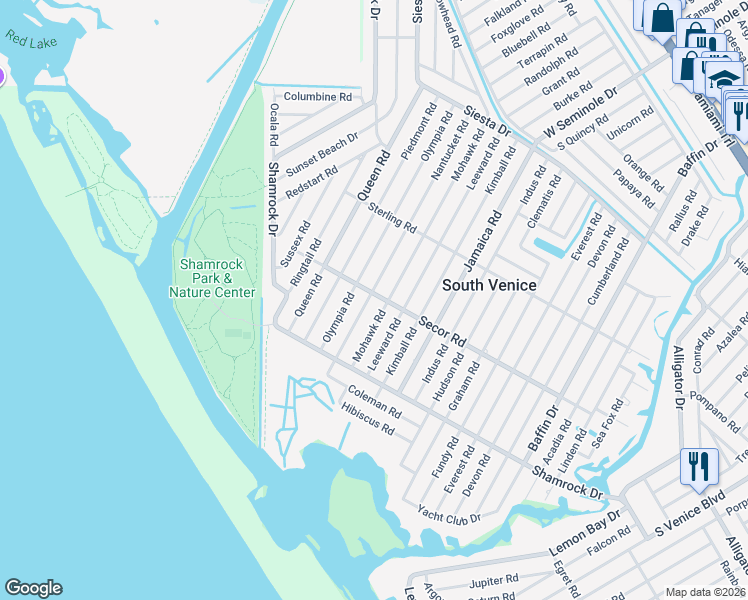 map of restaurants, bars, coffee shops, grocery stores, and more near 3750 Secor Road in Venice