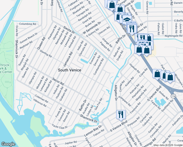 map of restaurants, bars, coffee shops, grocery stores, and more near 775 Devon Road in Venice
