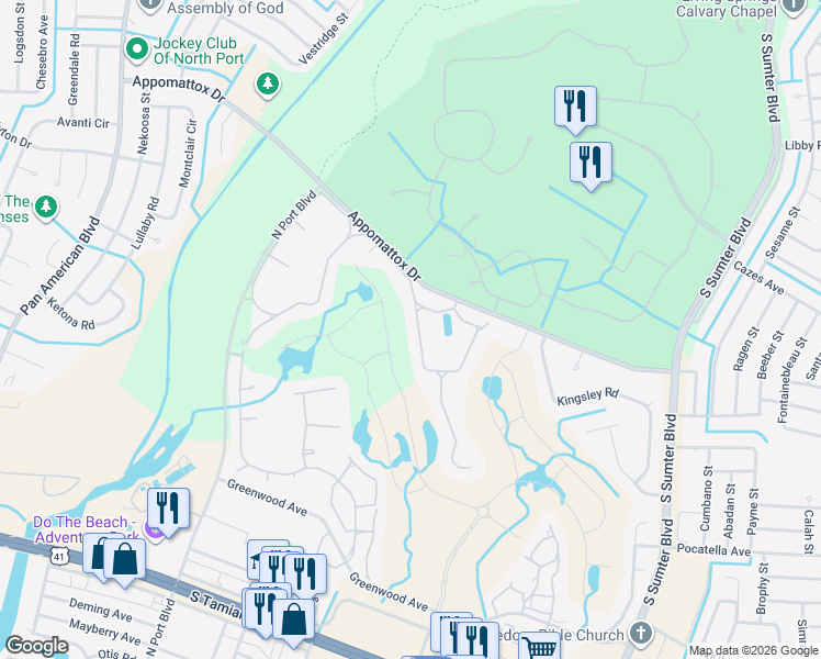 map of restaurants, bars, coffee shops, grocery stores, and more near 4097 Fairway Drive in North Port