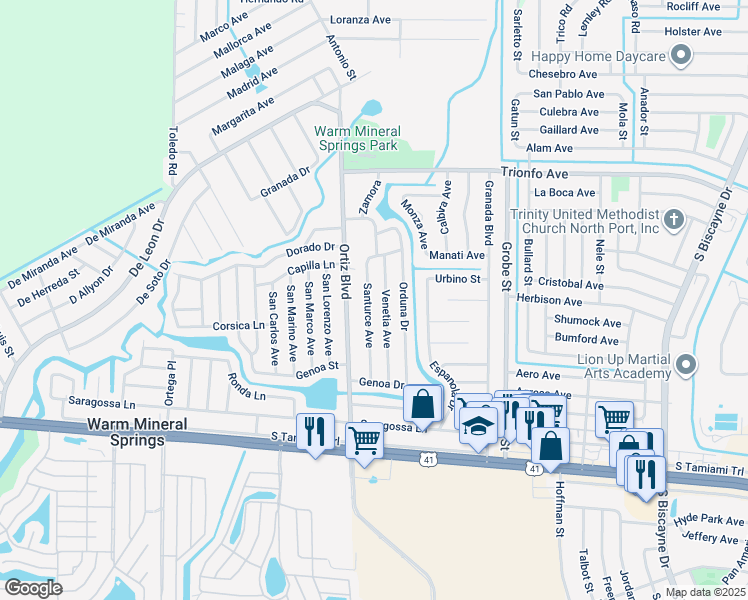map of restaurants, bars, coffee shops, grocery stores, and more near 310 Venetia Avenue in North Port