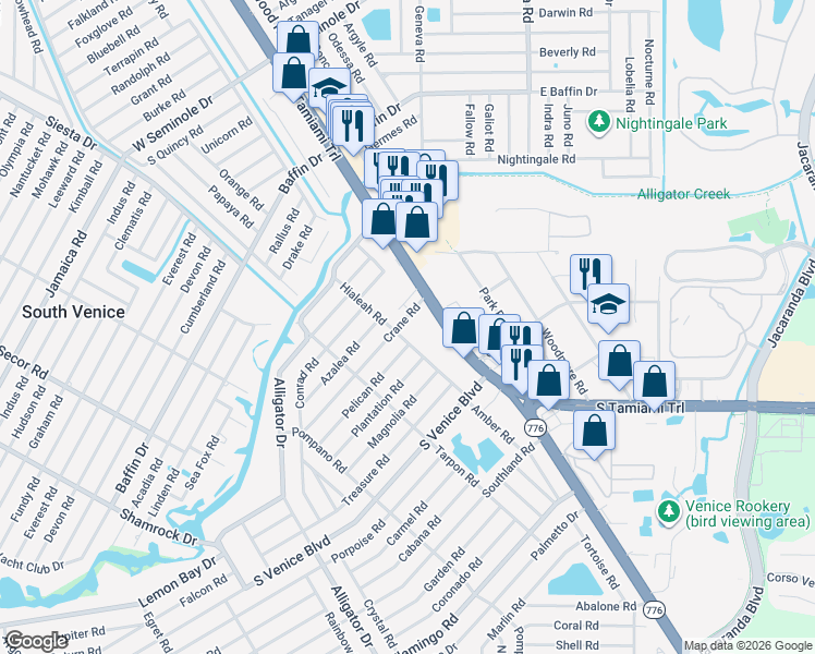 map of restaurants, bars, coffee shops, grocery stores, and more near 151 Crane Road in Venice