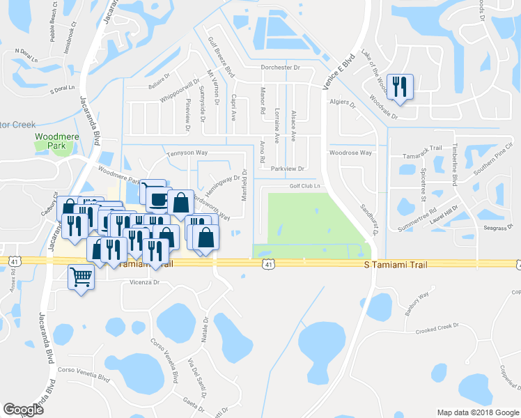 map of restaurants, bars, coffee shops, grocery stores, and more near 177 Golf Club Lane in Venice