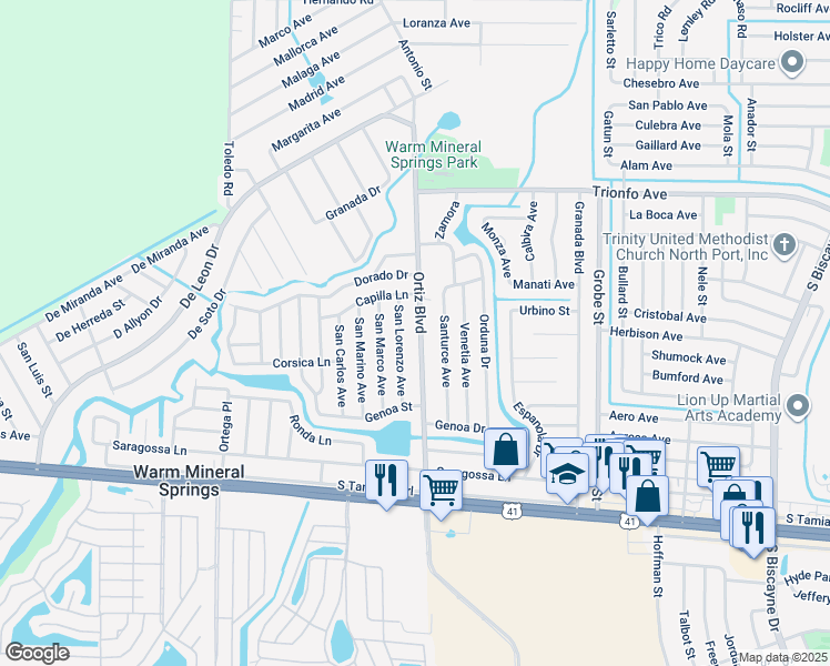 map of restaurants, bars, coffee shops, grocery stores, and more near 314 Ortiz Boulevard in North Port