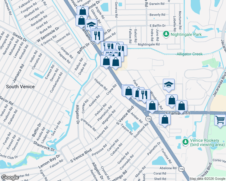 map of restaurants, bars, coffee shops, grocery stores, and more near 151 Crane Road in Venice