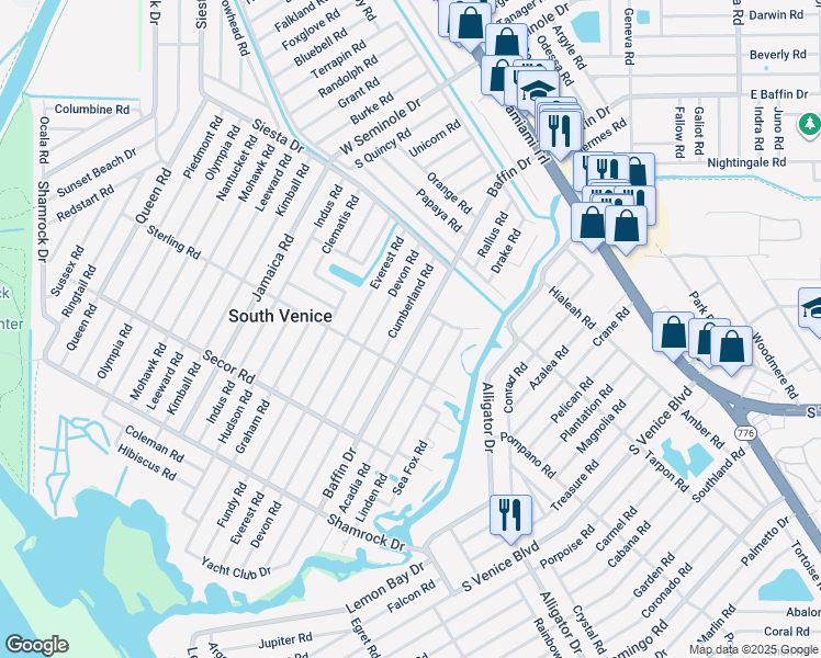 map of restaurants, bars, coffee shops, grocery stores, and more near 680 Baffin Drive in Venice