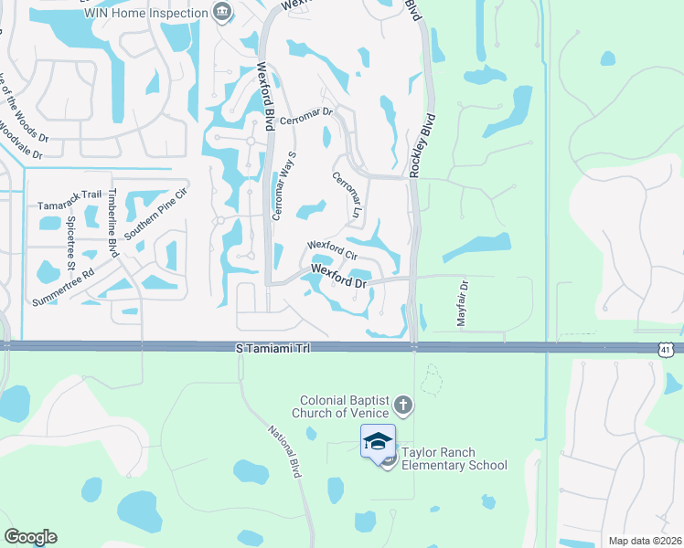 map of restaurants, bars, coffee shops, grocery stores, and more near 121 Wexford Way in Venice