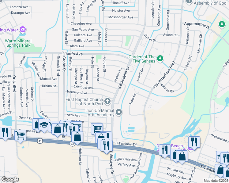 map of restaurants, bars, coffee shops, grocery stores, and more near 8057 Cristobal Avenue in North Port