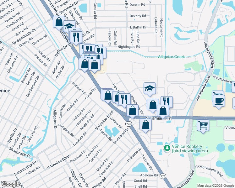 map of restaurants, bars, coffee shops, grocery stores, and more near 253 Grove Road in Venice