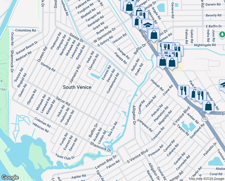 map of restaurants, bars, coffee shops, grocery stores, and more near 680 Baffin Drive in Venice