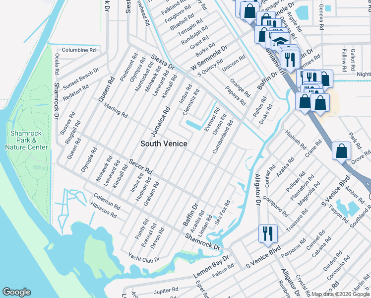 map of restaurants, bars, coffee shops, grocery stores, and more near 915 Fundy Road in Venice