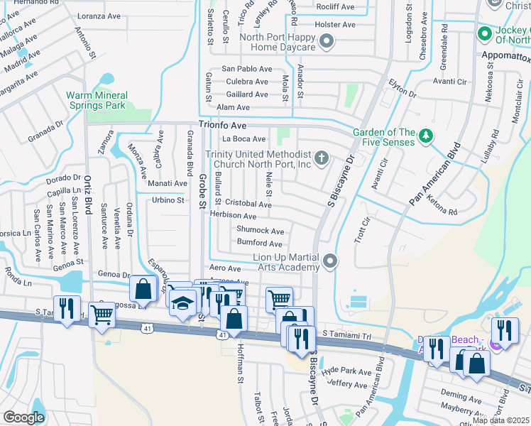 map of restaurants, bars, coffee shops, grocery stores, and more near 4947 Nele Street in North Port