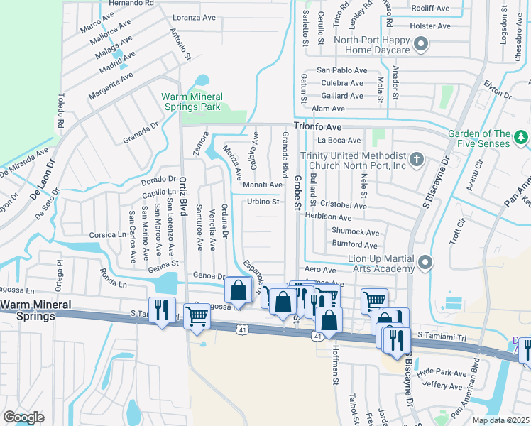 map of restaurants, bars, coffee shops, grocery stores, and more near 12323 Tangier Street in North Port