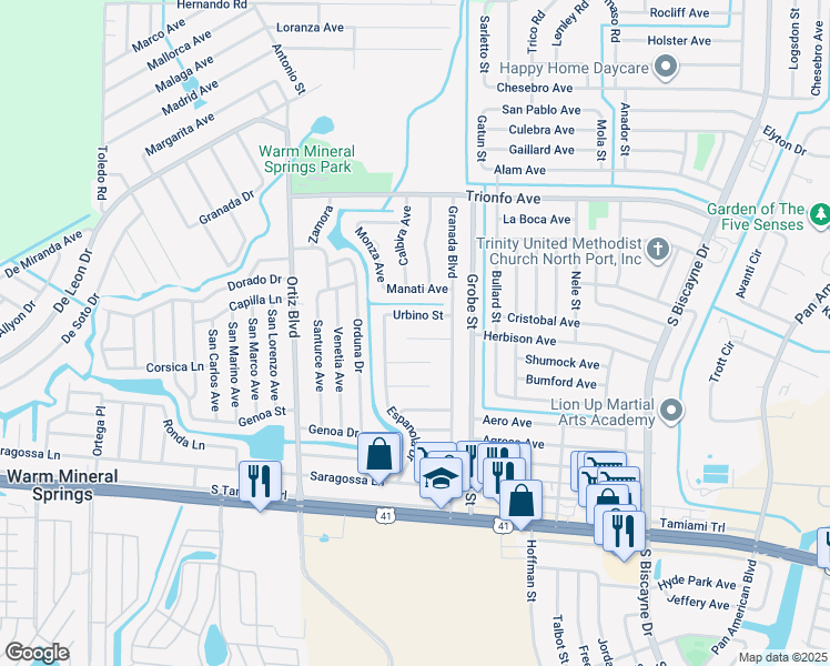 map of restaurants, bars, coffee shops, grocery stores, and more near 12323 Tangier Street in North Port