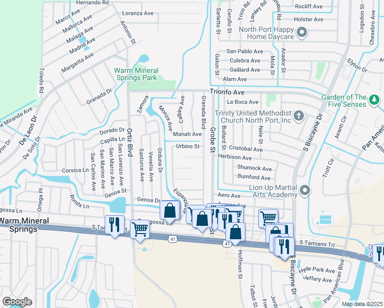 map of restaurants, bars, coffee shops, grocery stores, and more near 12323 Tangier Street in North Port