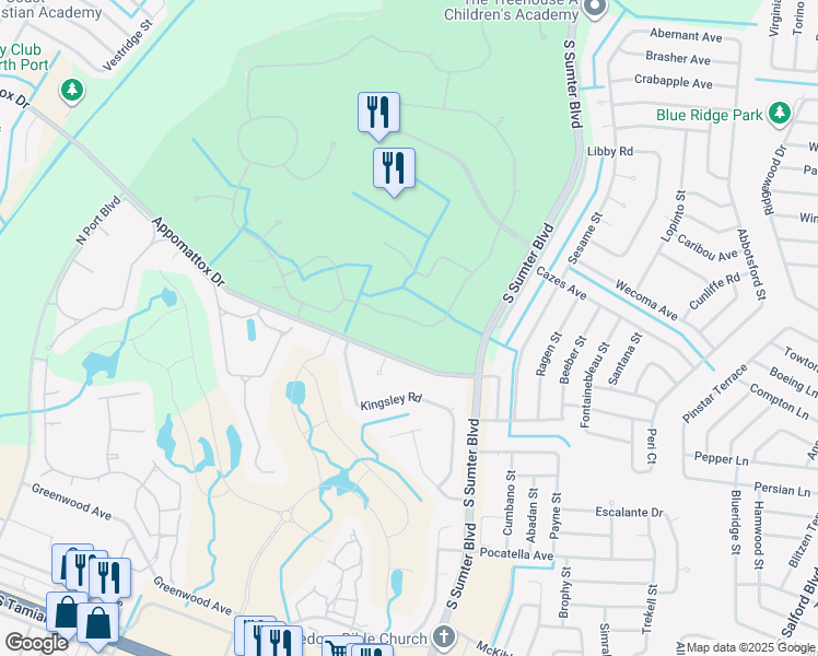 map of restaurants, bars, coffee shops, grocery stores, and more near 3936 Whispering Oaks Drive in North Port