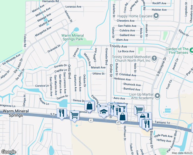 map of restaurants, bars, coffee shops, grocery stores, and more near 12323 Tangier Street in North Port