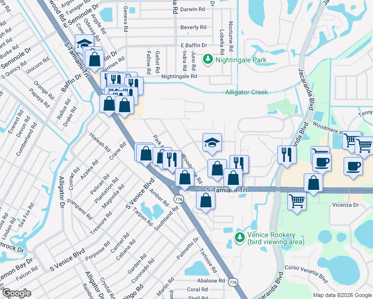 map of restaurants, bars, coffee shops, grocery stores, and more near 2247 Woodmere Road in Venice