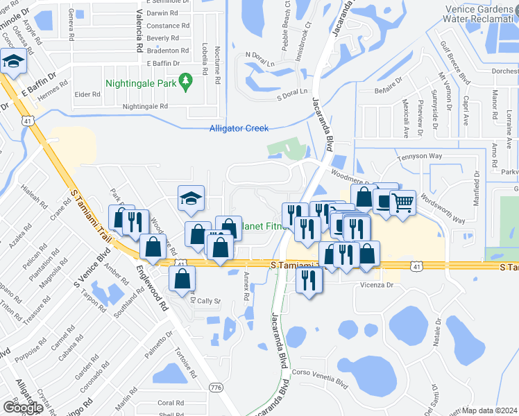 map of restaurants, bars, coffee shops, grocery stores, and more near 3752 Cadbury Circle in Venice
