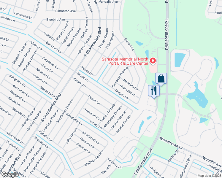 map of restaurants, bars, coffee shops, grocery stores, and more near 1542 Music Lane in North Port
