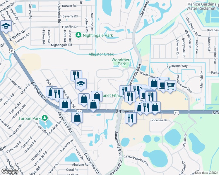 map of restaurants, bars, coffee shops, grocery stores, and more near 3752 Cadbury Circle in Venice