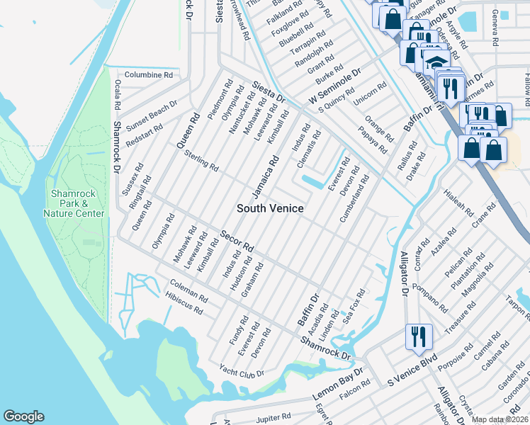 map of restaurants, bars, coffee shops, grocery stores, and more near in South Venice
