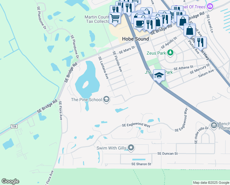 map of restaurants, bars, coffee shops, grocery stores, and more near 8500 Southeast Comus Street in Hobe Sound