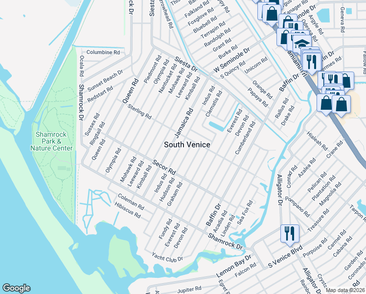 map of restaurants, bars, coffee shops, grocery stores, and more near in South Venice