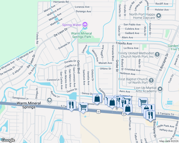 map of restaurants, bars, coffee shops, grocery stores, and more near 310 Venetia Avenue in North Port