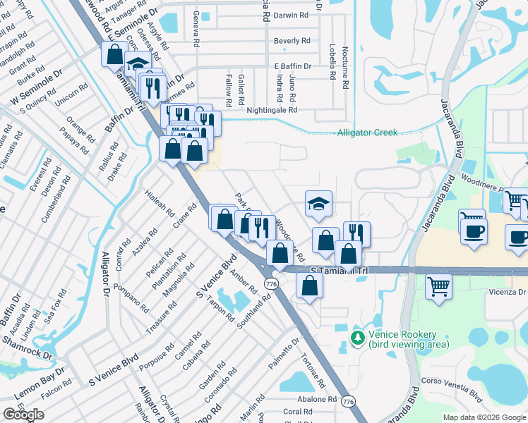 map of restaurants, bars, coffee shops, grocery stores, and more near 253 Grove Road in Venice