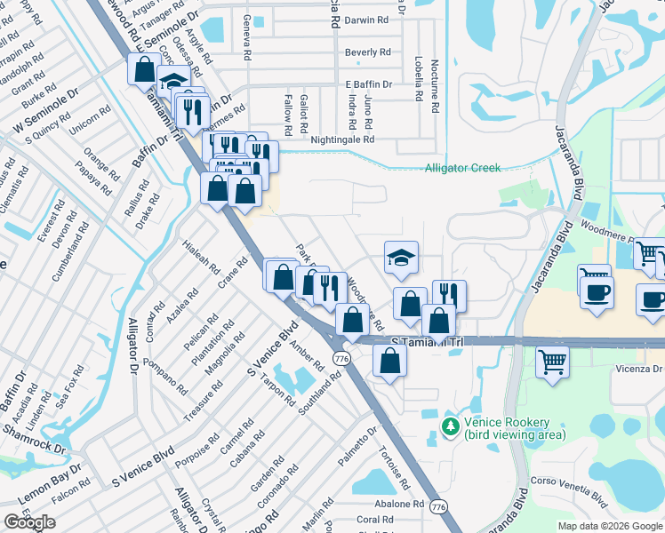 map of restaurants, bars, coffee shops, grocery stores, and more near 253 Grove Road in Venice