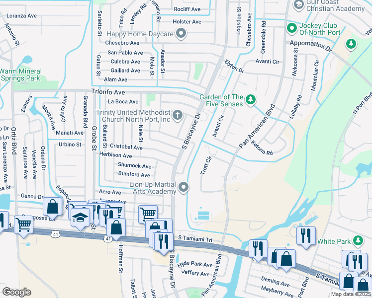 map of restaurants, bars, coffee shops, grocery stores, and more near 4520 South Biscayne Drive in North Port