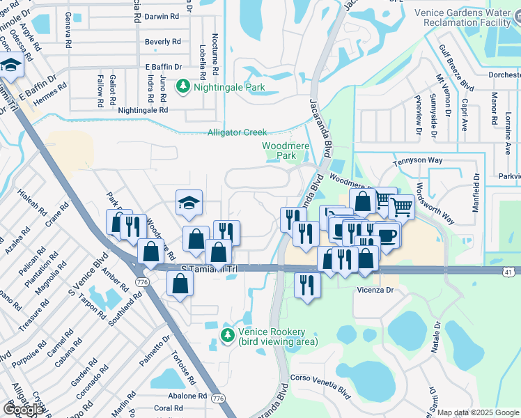 map of restaurants, bars, coffee shops, grocery stores, and more near 3600 William Penn Way in Venice