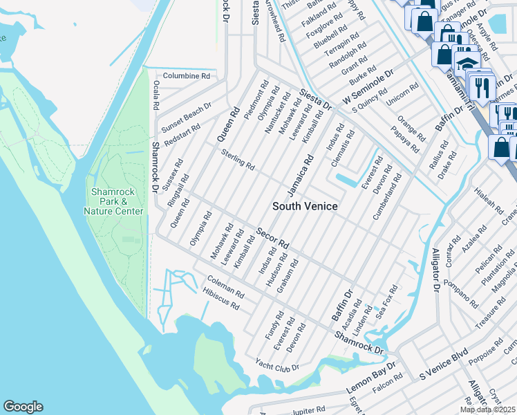 map of restaurants, bars, coffee shops, grocery stores, and more near 1191 Leeward Road in Venice