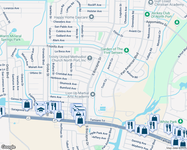 map of restaurants, bars, coffee shops, grocery stores, and more near 4520 South Biscayne Drive in North Port