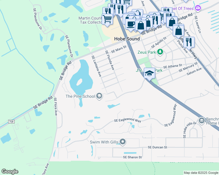 map of restaurants, bars, coffee shops, grocery stores, and more near 8500 Southeast Comus Street in Hobe Sound